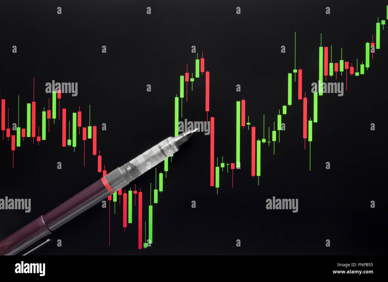 Stock Graph Or Forex Graph Or Candlestick Chart And Pen On Black - 